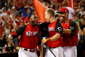 CINCINNATI, OH - JULY 13:  National League All-Star Todd Frazier #21 of the Cincinnati Reds celebrates with teammate National League All-Star Aroldis Chapman #54 of the Cincinnati Reds after winning the Gillette Home Run Derby presented by Head & Shoulders at the Great American Ball Park on July 13, 2015 in Cincinnati, Ohio.  (Photo by Rob Carr/Getty Images) ORG XMIT: 554358169 ORIG FILE ID: 480626732